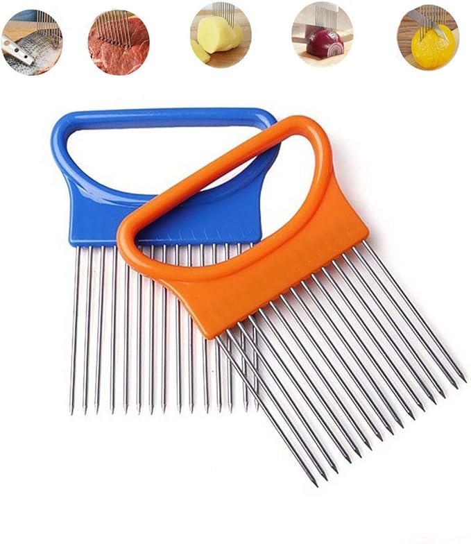 Stainless Steel Onion Holder Slicer, 2Pcs Tomato Lemon Potato Vegetable Holder Slicer Cutter Tool for Kitchen Worker Slicing