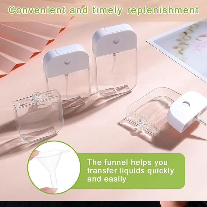 6PCS Portable Card Clear Spray Bottles 50ML Refillable Plastic Perfume Atomizer Vials for essential oils,facial mists hair moisturizing water hand sanitizer,3 funnels are also given away (White)