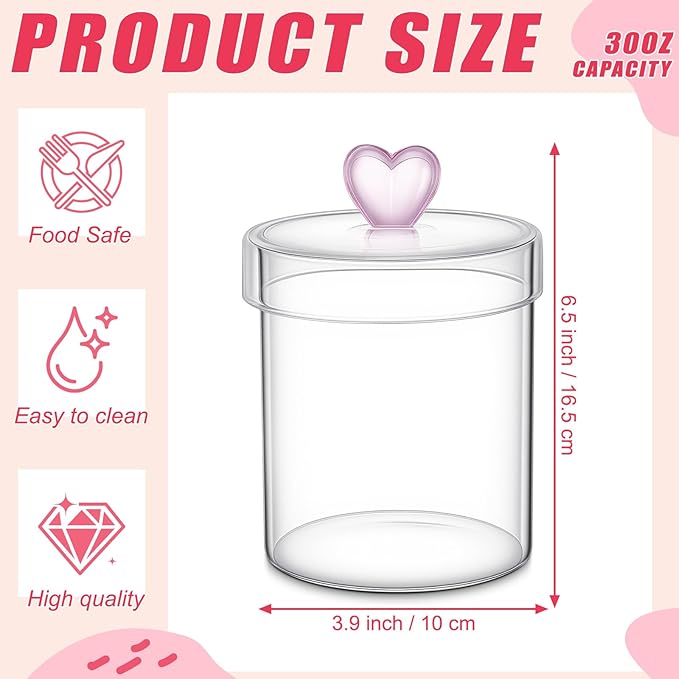 Meanplan 2 Pack Glass Cookie Jars Candy Jars with Heart Lids 30 oz Clear Glass Canisters Cute Food Storage Organizers for Overnight Oats,Kitchen Cookies,Coffee Beans,Dry Goods,Tea