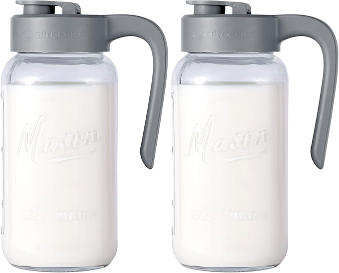 Mason Jar Pitcher - Airtight & Leakproof Glass Pitcher with Lid[set of 2], Perfect for Breastmilk, Cold Brew, and Sun Tea, 2 Quart (64 oz) Mason Jar with Pour Spout Lid