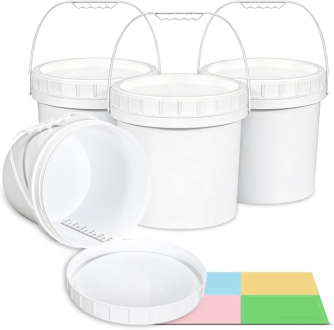 4 Pack 1.3 Gallon White Plastic Storage Buckets with Screw Lids, Food Grade Container with Measurement Markings, Reusable Small Container