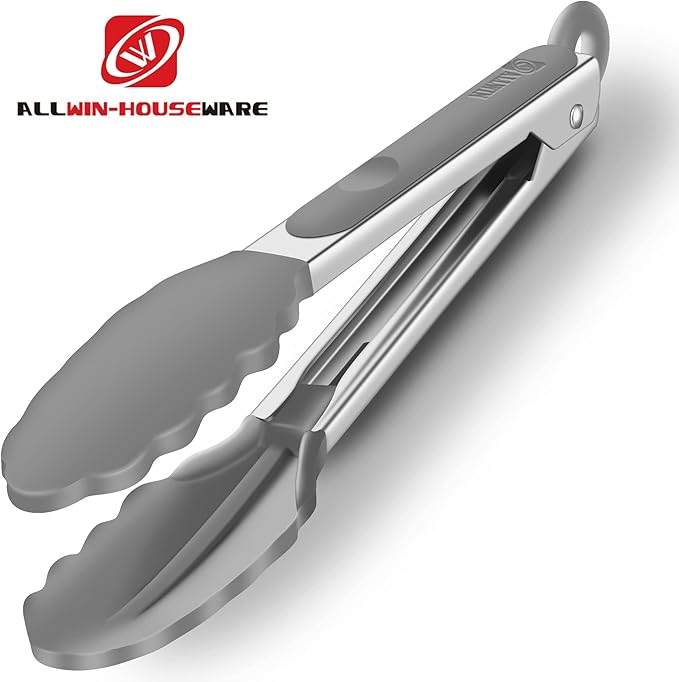 2 Pack Silicone Kitchen Tongs – 9" & 12" Set, Heat Resistant up to 500°F, Non‑Stick Cookware Safe, Wavy Silicone Tips, BPA Free, Locking Clip & Hanging Loop, Grey