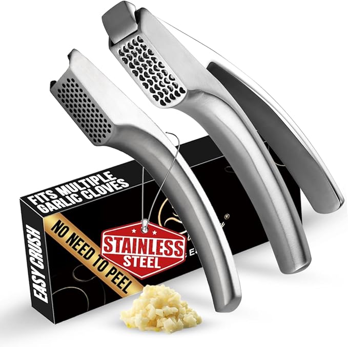 No Peeling Required Garlic Press Stainless Steel with Two Detachable Handles for Coarse & Fine Mincing-Premium Garlic Mincer Tool, Easy to Clean, Dishwasher Safe Garlic Crusher, Lifetime Replacement