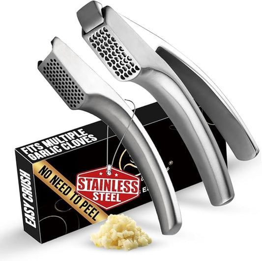 No Peeling Required Garlic Press Stainless Steel with Two Detachable Handles for Coarse & Fine Mincing-Premium Garlic Mincer Tool, Easy to Clean, Dishwasher Safe Garlic Crusher, Lifetime Replacement