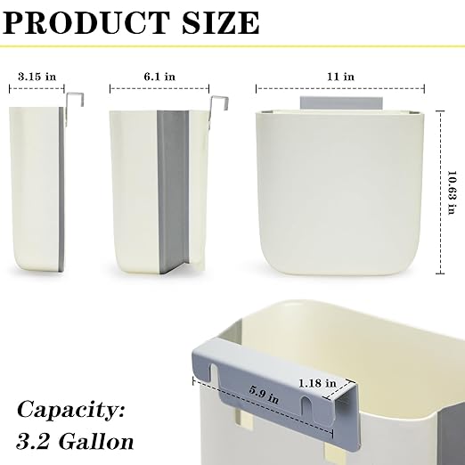 Soddeph 3.2 Gallon Collapsible Trash Bin with Lid for Hanging, Kitchen Waste Bin, Wall-Mounted Plastic Garbage Can for Counter, Under Sink, RV (Beige with lid)