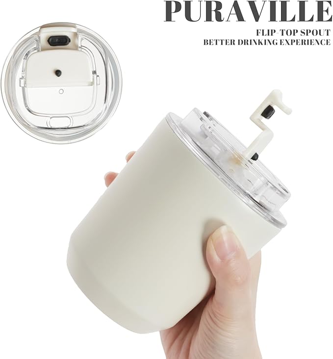 Puraville Insulated Tumblers with Lid, 10 oz Travel Coffee Mug Stainless Steel Vacuum Cup, Leak Proof Reusable Double Walled Coffee Tumbler for Iced and Hot Drinks, Cream