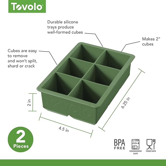 Tovolo Large 2” King Cube Ice Tray Pesto Green Ice Cube Trays for Whiskey Cocktails Smoothies, Big Square Ice Cube Mold Silicone Freezer Tray for Perfect Rock Cubes BPA Free Dishwasher Safe