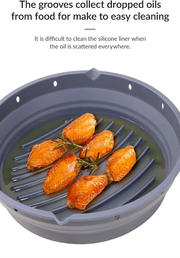 Reusable Silicone Air Fryer Liner –2pcs (Round+Square), Collapsible, Oil-Draining Design, Food-Grade, Non-Stick, Heat Resistant, Dishwasher Safe – Fits 5–8 QT Baskets (grey)