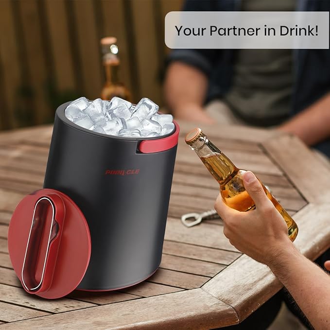 PINNACLE Insulated ice bucket for parties with Tong that fit into Lid - Stainless Steel ice bucket for cocktail bar with Collapsible Handles for indoor/outdoor bar, BPA Free (Red)