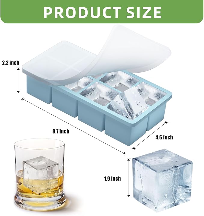 Large Ice Cube Molds, 4 Pack Easy Release Ice Trays for Freezer with Lid, Stackable Square Big Silicone Ice Cube Tray BPA Free Slow Melting for Bourbon Whiskey, Cocktails (Green+Blue+Pink+Grey)