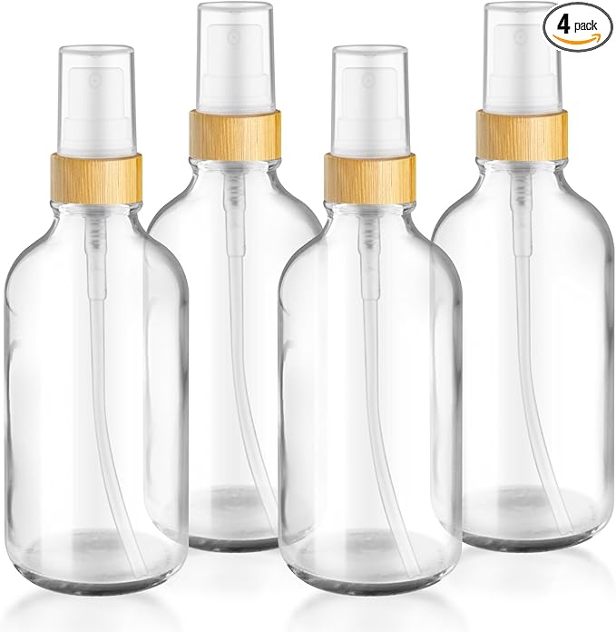 4-Pack 4 Oz Glass Spray Bottle with Bamboo Lid,Empty Refillable Fine Mist Atomizer,Leak-Proof Travel Liquid Holder Container for Cologne,Essential Oils,Room Sprays,Cleaning Solutions (Clear)