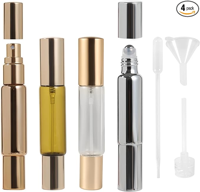 2-in-1 Refillable Perfume Bottle 10ml (4 Pack), Dual-Head Spray & Roller Design, Leakproof Travel Glass Atomizer for Perfume, Cologne and Essential Oils