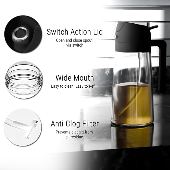 2-in-1 Oil Dispenser and Sprayer, 16oz/470ml Glass Olive Oil Spray Bottle for Cooking, Leakproof and Refillable Oil Mister for BBQ, Salad, and Baking (Black)