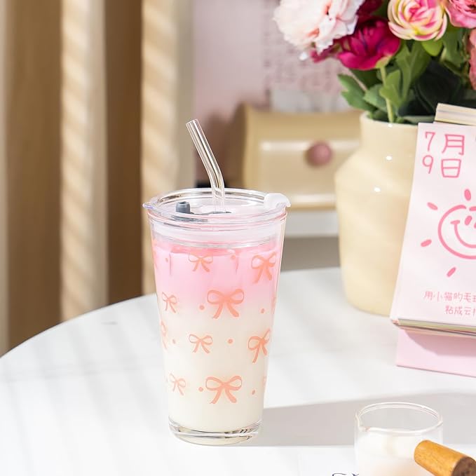 Olvini Coquette Cute Pink Bow Glass Cups with Lids and Straws, Aesthetic Iced Coffee Cups, Preppy Glass Cups, Coffee Tumbler, Matcha Cup, Teen Girl Gifts Trendy Stuff (Bow)