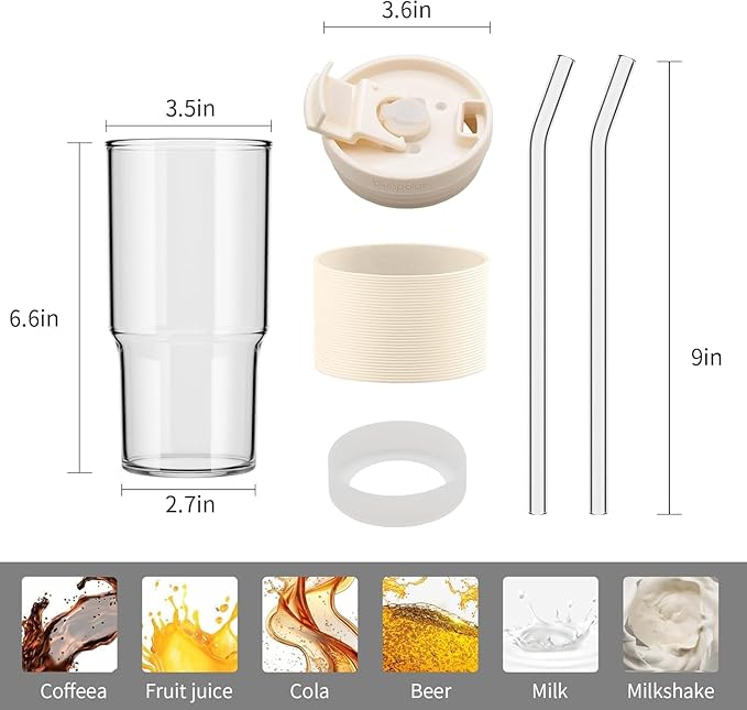 BLUEPOLAR 23oz/680ml Glass Tumbler with Straw and Lid - Leak-Proof Portable Travel Water Glass Cup for Smoothies, Iced Coffee,Matcha and Cold Beverages - Durable and Eco-Friendly (White with Sleeve)