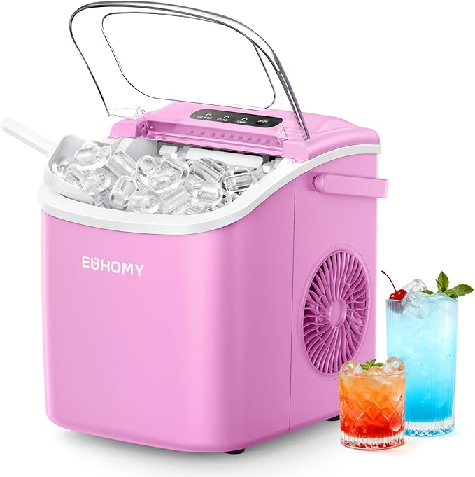 EUHOMY Countertop Ice Maker Machine with Handle, 26lbs in 24Hrs, 9 Ice Cubes Ready in 6 Mins, Auto-Cleaning Portable Ice Maker with Basket and Scoop, for Home/Kitchen/Camping/RV. (Pink)