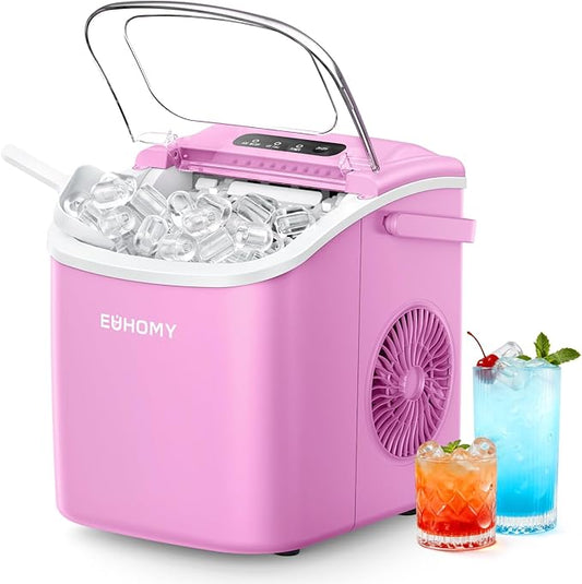 EUHOMY Countertop Ice Maker Machine with Handle, 26lbs in 24Hrs, 9 Ice Cubes Ready in 6 Mins, Auto-Cleaning Portable Ice Maker with Basket and Scoop, for Home/Kitchen/Camping/RV. (Pink)
