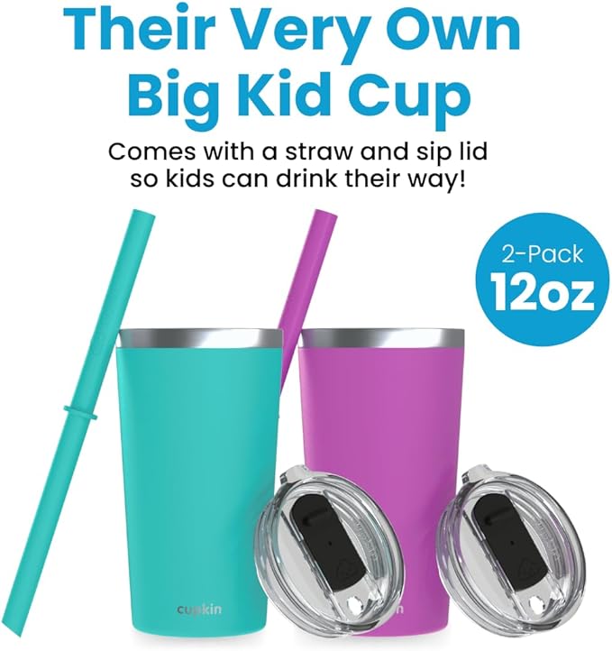 CUPKIN Toddler Tumblers, The Original 12 oz Stackable Stainless Steel Cups, Set of 2 Powder Coated Insulated Kids Water Bottle Alternative + BPA Free Lids + Reusable Silicone Straws (Green + Pink)