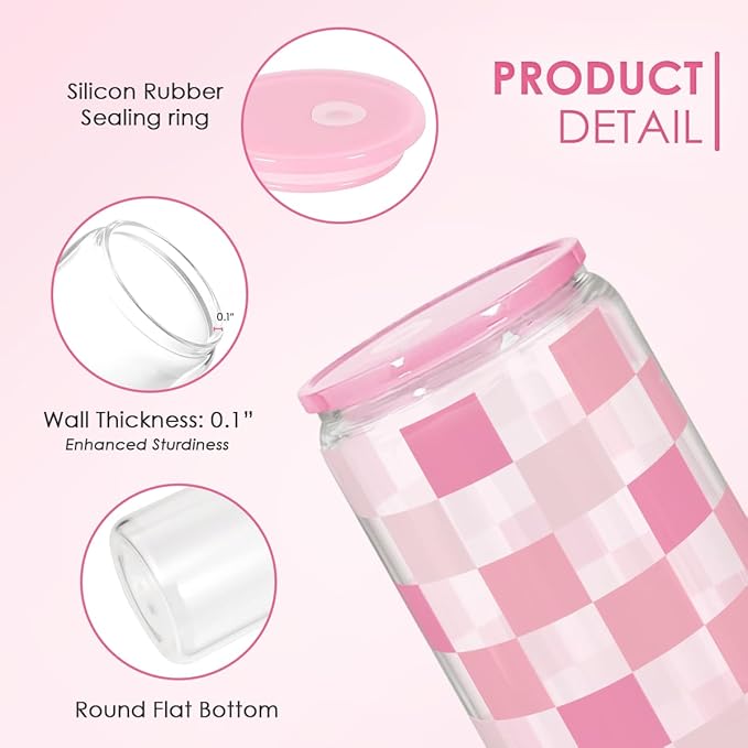 SANDJEST Checker 16 Oz Can Glass Tumbler with Acrylic Lid and Straw - Iced Coffee Cups for Women, Aesthetic Glass Cup Gift for Birthday Christmas