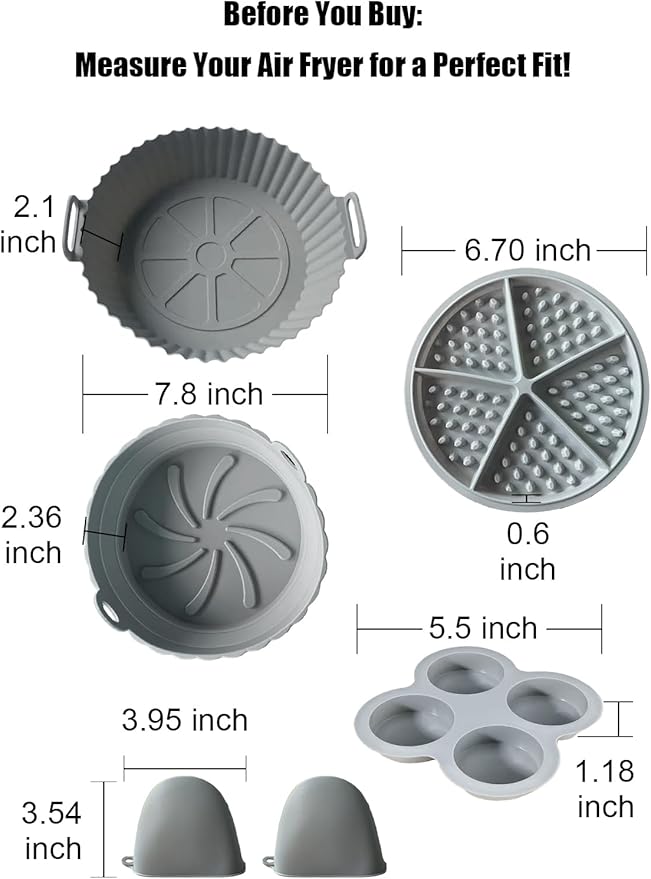 Silicone Liner for Air Fryer,Liners Reusable Round Silicone Basket 5-Piece Set, with Egg Bites Mold, WaffleBite Mold，Anti-Scald Hand Clip, Fits 3-5 Qt,Food Grade Liners Nonstick Coating