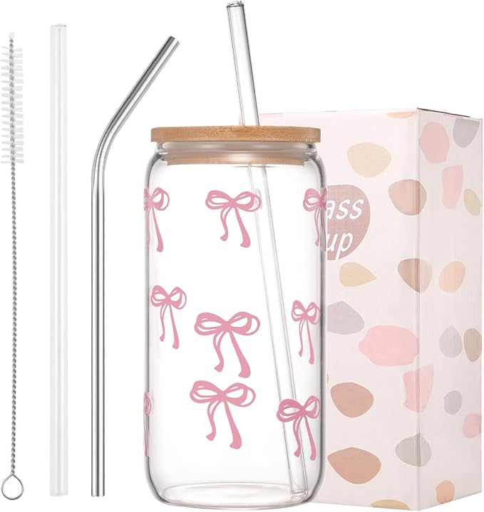 ANABIUP Coquette Cute Pink Bow Glass Cups with Lids and Straws, Aesthetic Iced Coffee Cup, Girly Preppy Design Tumbler Mug for Teen Girls Women Girlfriends Gifts