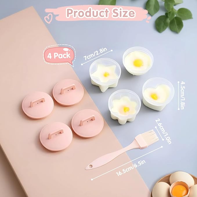 Egg Poacher Cups, 4 Pcs Poached Egg Cooker with Lid and Oil Brush Egg Coddler 4 Shapes Reusable Egg Molds, BPA Free Nonstick Egg Poaching Cups for Boiled Eggs Without Shell, Pink