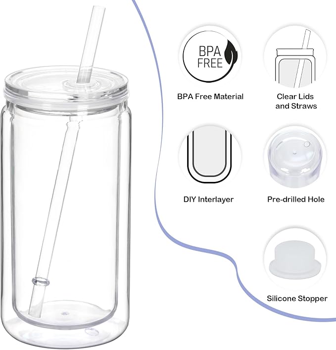 8 Pack plastic Snow Globe Tumbler, 16 Oz Double Wall Plastic Can with Lid and Straw, Plastic Mason Jar Mug for Snow Globe Glitter DIY Gift (Clear)