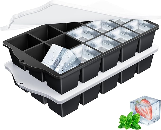 Ice Cube Trays for Freezer, 2 Pack Easy Release Slicone Ice Cube Tray with Lid, BPA Free Stackable Flexible Ice Molds 15 Square Reusable Ice Cubes for Whiskey, Baby Food, Iced Coffee (Black)