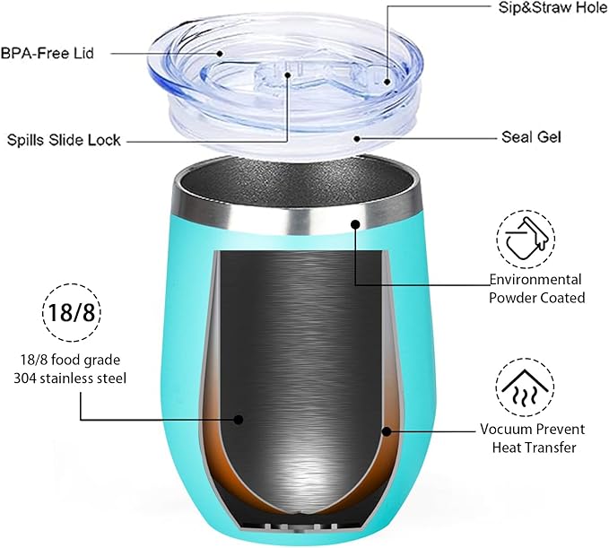 MEZMUT 12 Oz Insulated Wine Tumbler with Lid Double Wall Vacuum Stainless Steel Wine Glass Coffee Mug Insulated Tumbler Cup for Champaign, Cocktail, Beer (Teal, 4 Pack)