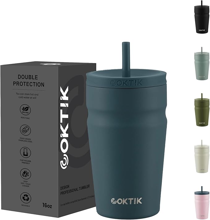 COKTIK 16oz Insulated Tumbler with Lid and Straw Iced Coffee Cup Reusable Stainless Steel Travel Mug Water Bottle Cupholder Friendly for Women Men Her Him (Twilight Fog)