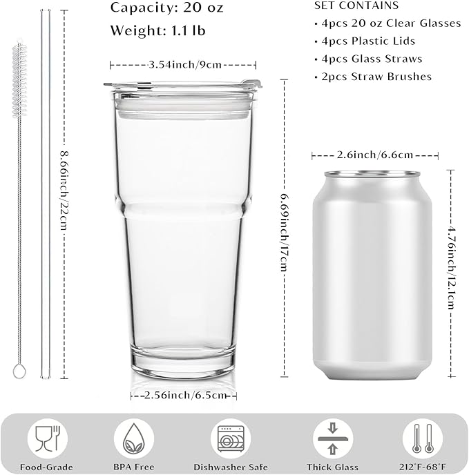 INSETLAN 20oz Glass Tumbler with Glass Straw and Lid, Set of 4 - Thickened Ice Coffee Cup, Glass Cup with Lid and Straw for Smoothie, Tea, Milk, Whiskey, Water and More – Elegant & Durable