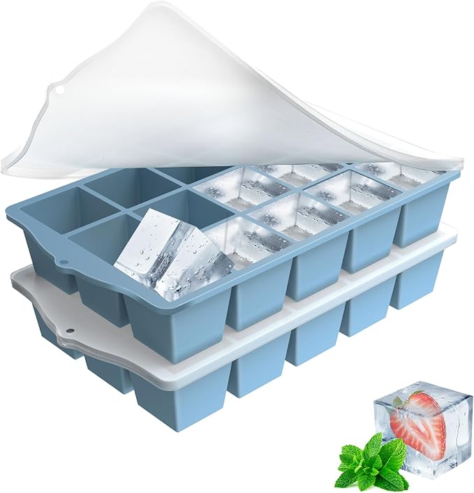 Ice Cube Trays for Freezer, 2 Pack Easy Release Slicone Ice Cube Tray with Lid, BPA Free Stackable Flexible Ice Molds 15 Square Reusable Ice Cubes for Whiskey, Baby Food, Iced Coffee (Blue)