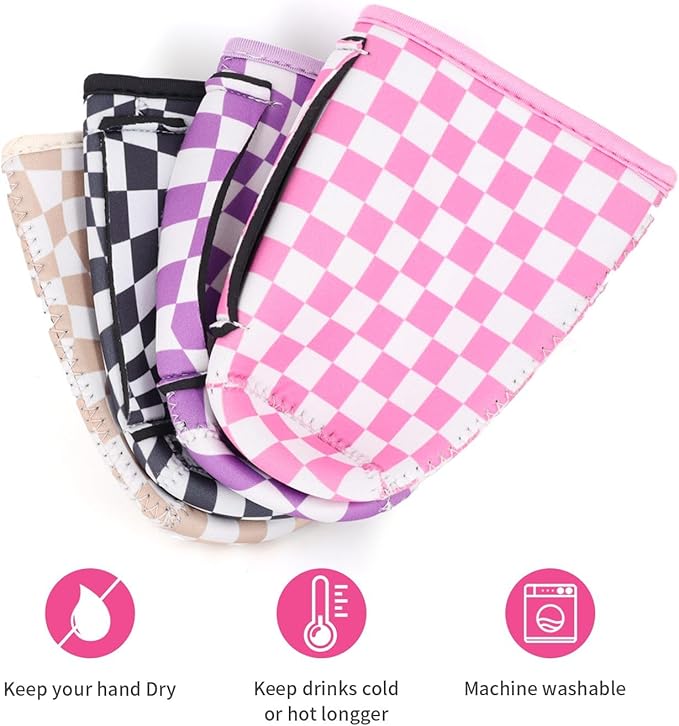 4Pack Reusable Iced Coffee Sleeve Insulator Sleeves for Cold Drinks Beverages, Neoprene Cup Holder for Most Coffee, Fits 22-24oz Medium Cups (Checkerboard)