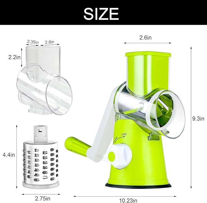 Cambom Rotary Cheese Grater Hand Crank Cheese Shredder for Fresh Cheese, Vegetable, Nuts,Non-slip Suction Base, Free Cleaning Brush Three Blades, Green