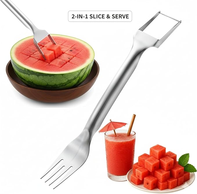 Stainless Steel Watermelon Cutter – Dual-Head Slicer and Fork Tool, Summer Fruit Cutting Tool for Home Kitchens (2-Pack)