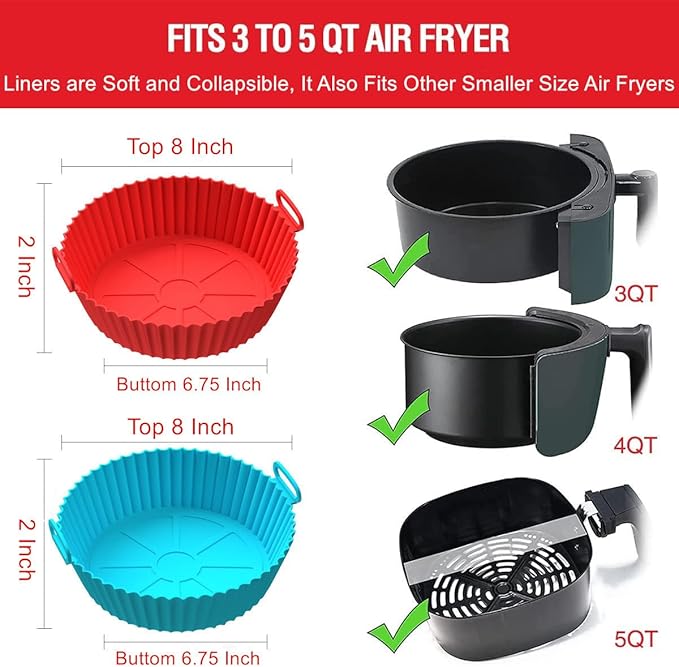 2 Pack Air Fryer Silicone Liners Pot for 3 to 5 QT, BPA-Free, Food Grade Airfryer Basket Bowl, Replacement of Flammable Parchment Paper, Reusable Baking Tray Oven Accessories(Top 8in, Bottom 6.75in)…