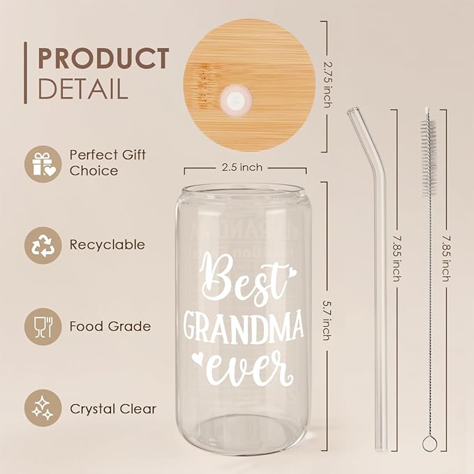 SANDJEST Grandma 16 Oz Can Glass Tumbler with Bamboo Lid and Straw - Iced Coffee Cups for Women, Aesthetic Glass Cup Gift for Grandmother Nana Birthday Christmas Mother's Day