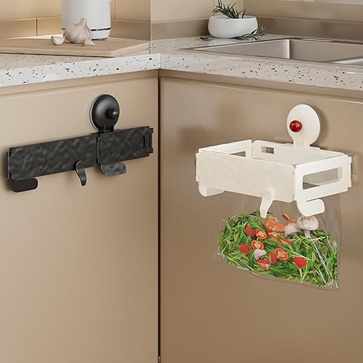 Folding Trash Bag Holder, Removable Suction Cup Kitchen Trash Can Hanging Rack, Collapsible Garbage Bag Holder, Wall Mount Space Saving Towel Hanger for Kitchen/Bathroom/RV/Cabinets/Dorm Room