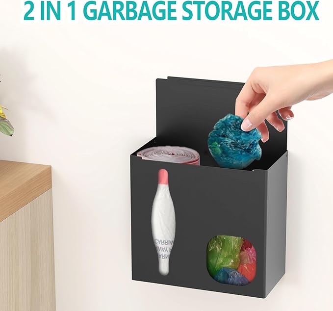 STWWO 2 in 1 Grocery Bag Holder & Trash Bag Holder Dispenser, Kitchen Grocery Storage Organizer for Cabinet, Under Sink, Wall Mounted or Countertop, Metal Black