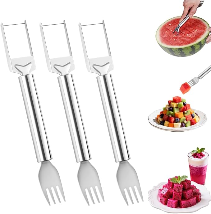 2-in-1 Stainless Steel Fruit Cutter, Watermelon Slicer with Fork, Dual Head Watermelon Fork Slicer Tool for Cubes, Fruit Knife with Round Handle for Home Kitchen, Picnic & Party (3Pack)