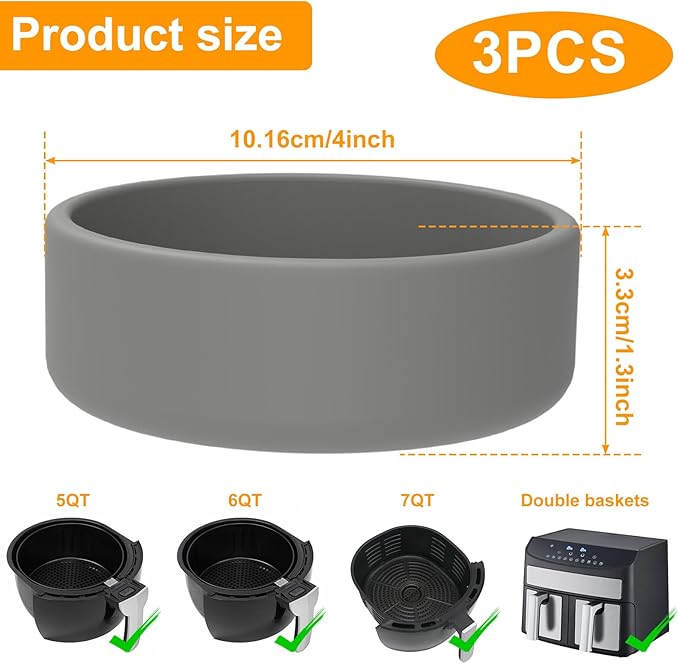 3Pcs Silicone Air Fryer Molds - 4-Inch Air Fryer Pan, Microwave Poacher, Dishwasher Safe Egg Cups - Nonstick Reusable Cooker Accessories (3Pcs-Grey)