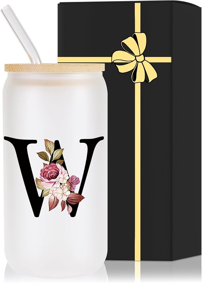 Wulcea Monogrammed Glass Drinking Cup With Lid Straw Women Men Teacher Christmas Music Dance Science Daycare Special Education Need English History Sunday School Spanish Autism Reading Gym Gifts,W