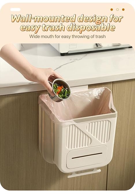 Hanging Trash Can for Kitchen Cabinet Door, 1.85 Gallon Kitchen Trash Can with Space-Saving Design, Collapsible Garbage Can for Kitchens,Cabinet Door, Bathroom, with Trash Bag Compartment - Cream