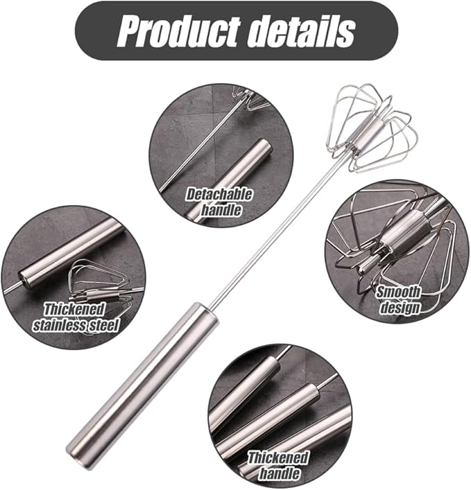 2026 Upgraded Stainless Steel Semi-Automatic Whisk, Stainless Steel Hand Push Rotary Whisk Egg Mixer, Hand Push Mixer Stirrer Tool Easy Whisk Egg Beater for Cooking (12 In)