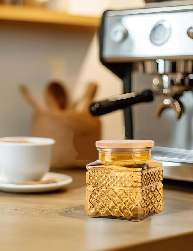 Glass Storage Canister with Airtight Lids, 20.3 FL OZ Thick Glass Candy Jar for Coffee Bean, Cocoa powder,Dog treats, Snacks Vintage Decorative Square Glass Jars for Coffee Bar Kitchen Party Counter