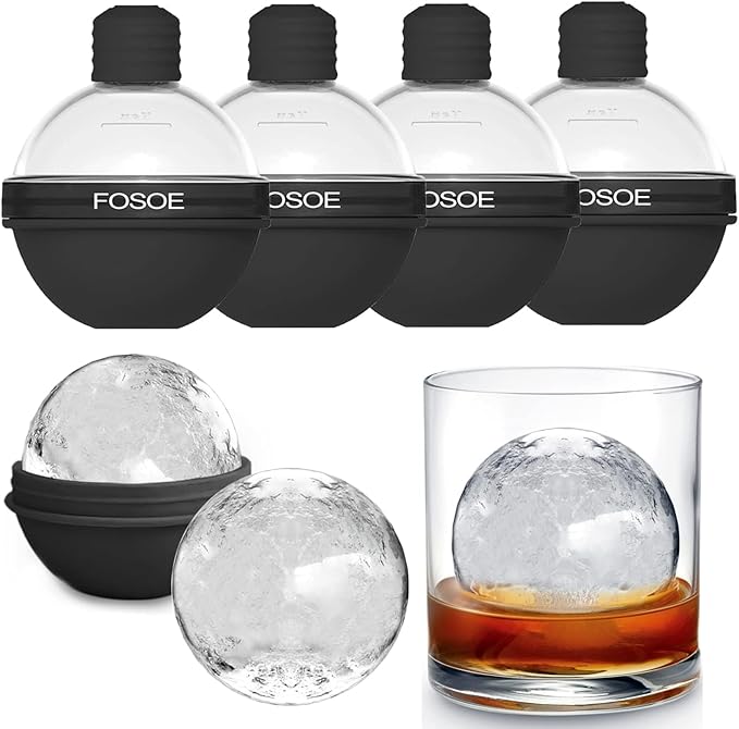 Silicone Ice Ball Molds for Whiskey - Set of 4 Round Makers with Lids for Cocktails, Bourbon, and Drinks