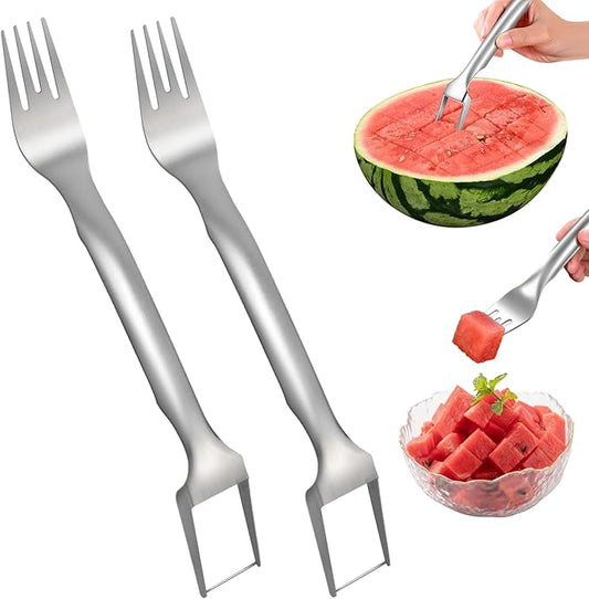 2PCS Watermelon Cutter, 2026 Watermelon Fork Slicer Cutter Dual-Head, 2-in-1 Stainless Steel Melon Fork Slicer Knife Kitchen for Family Home Party Camping Kitchen Gadget