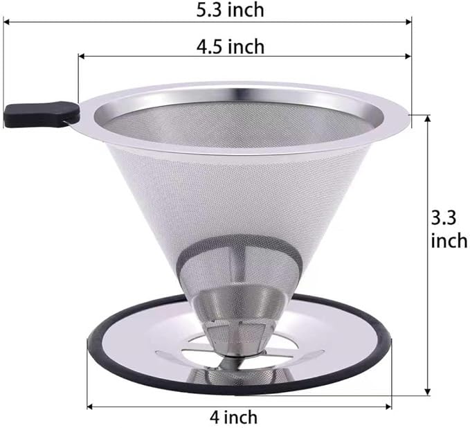 Pour Over Coffee Filter Dripper, Stainless Steel Metal Cone Drip Coffee Filter, Paperless and Permanently Reusable, Double Mesh Coffee,Tea Filter for 1-3 Cup