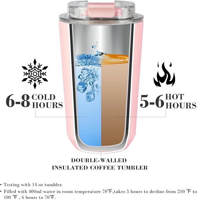 Puraville Insulated Tumblers with Lid, 14 oz Travel Coffee Mug Stainless Steel Vacuum Cup, Leak Proof Reusable Double Walled Coffee Tumbler for Iced and Hot Drinks, Pink