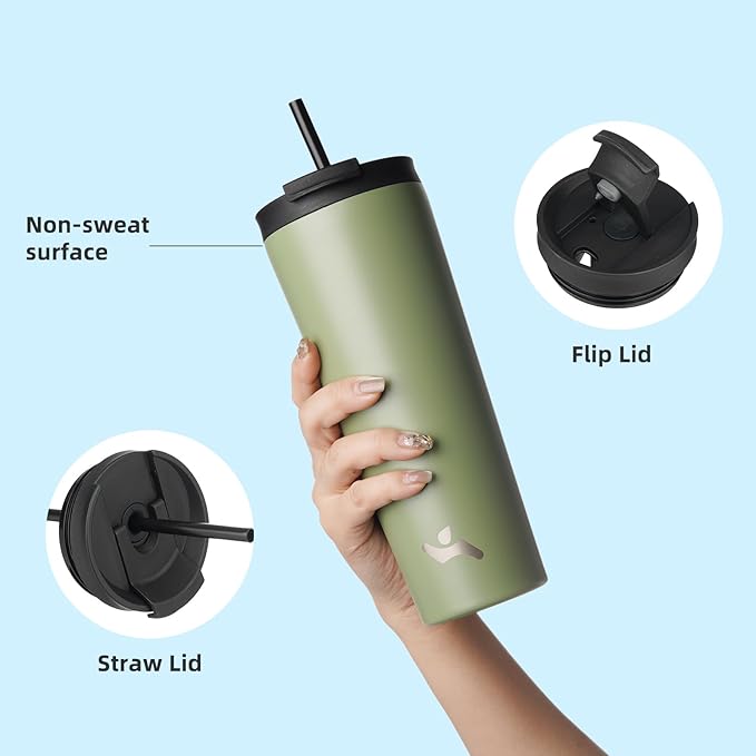 Konokyo 34 OZ Insulated Tumbler with Lid and 2 Straws Stainless Steel Water Bottle Vacuum Travel Mug Coffee Cup,ArmyGreen